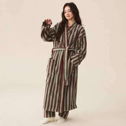 Ownkoti Men's Winter Fleece Cozy Stripe Long Bathrobe for Ultimate Comfort