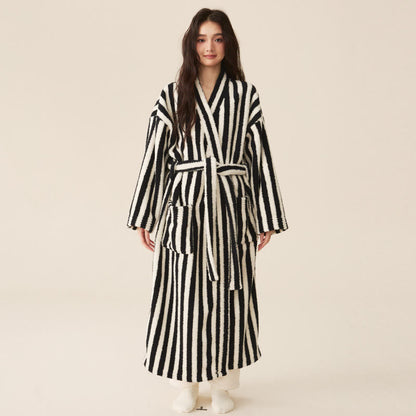 Ownkoti Men's Winter Fleece Cozy Stripe Long Bathrobe for Ultimate Comfort