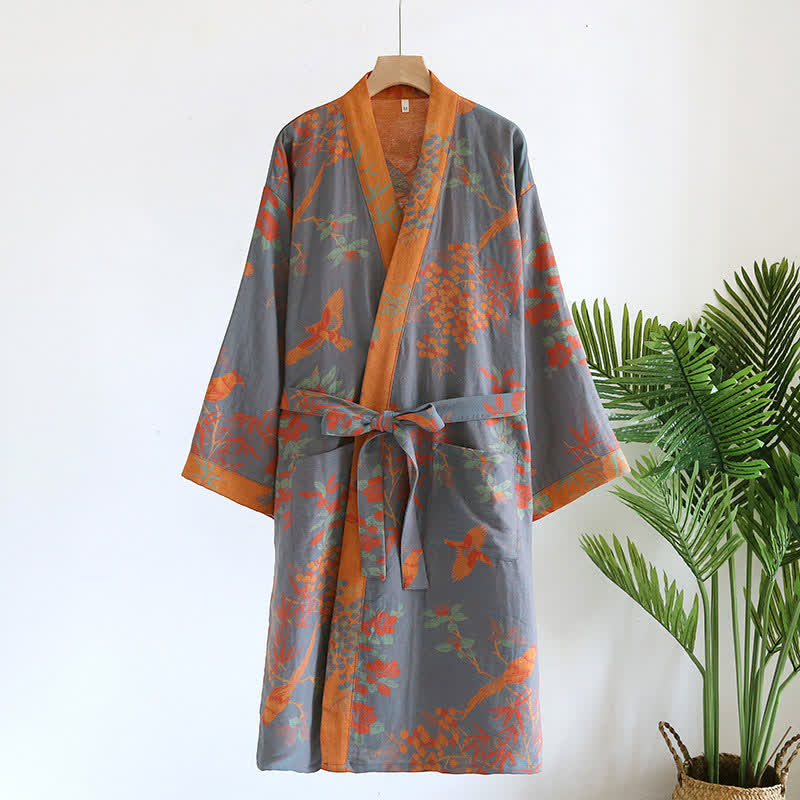 Vintage Jacquard Cotton Gauze Bathrobe in Rustic Pastoral Style
