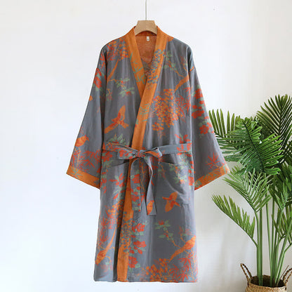 Vintage Jacquard Cotton Gauze Bathrobe in Rustic Pastoral Style