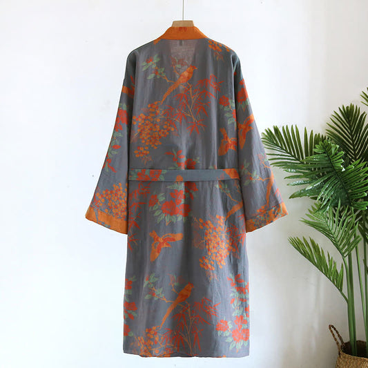 Vintage Jacquard Cotton Gauze Bathrobe in Rustic Pastoral Style