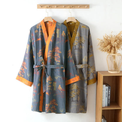 Ownkoti Double Layer Pure Cotton Breathable Retro Kimono Bathrobe