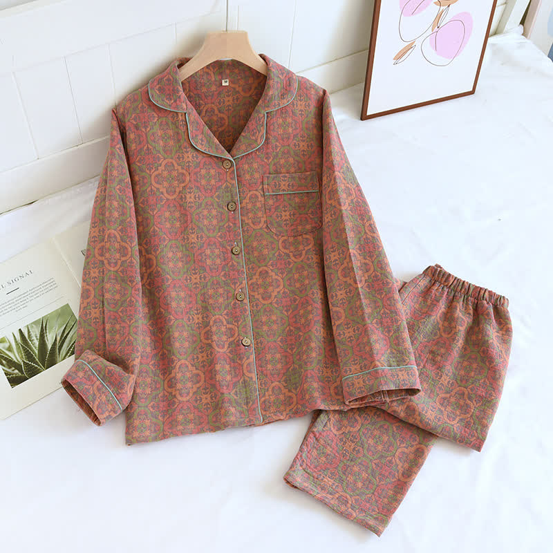 Ownkoti Vintage Jacquard Cozy Cotton Loungewear Set