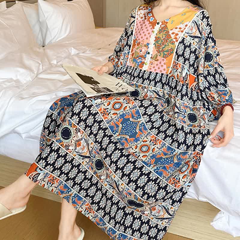 Ownkoti Plus Size Ethnic Long Sleeve Nightdress for Comfortable Sleep
