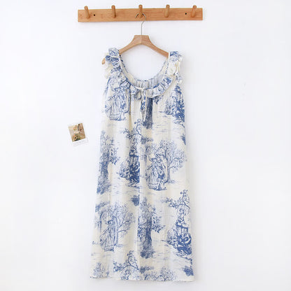 Ownkoti Vintage Landscape Print Cotton Gauze Ruffle Camisole Nightwear - Elegant & Comfortable Sleepwear