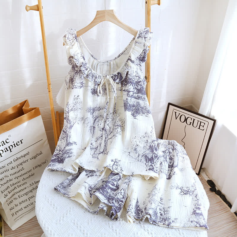 Ownkoti Vintage Landscape Print Cotton Gauze Ruffle Camisole Nightwear - Elegant & Comfortable Sleepwear