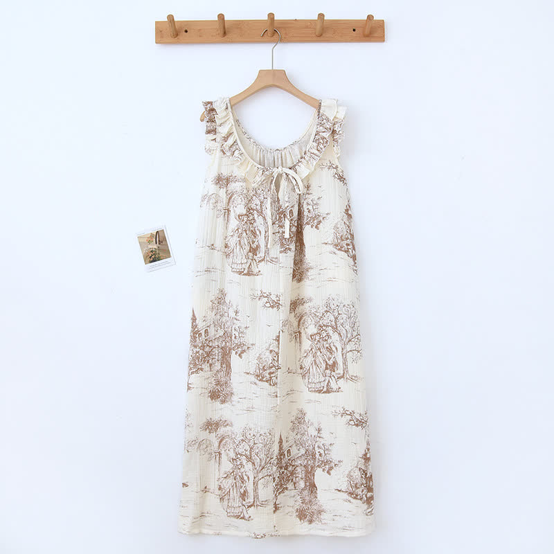 Ownkoti Vintage Landscape Print Cotton Gauze Ruffle Camisole Nightwear - Elegant & Comfortable Sleepwear