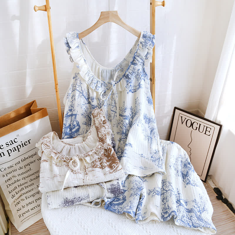 Ownkoti Vintage Landscape Print Cotton Gauze Ruffle Camisole Nightwear - Elegant & Comfortable Sleepwear