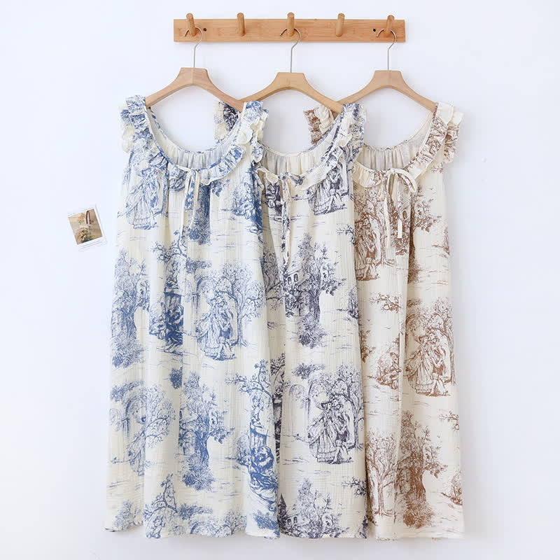 Ownkoti Vintage Landscape Print Cotton Gauze Ruffle Camisole Nightwear - Elegant & Comfortable Sleepwear