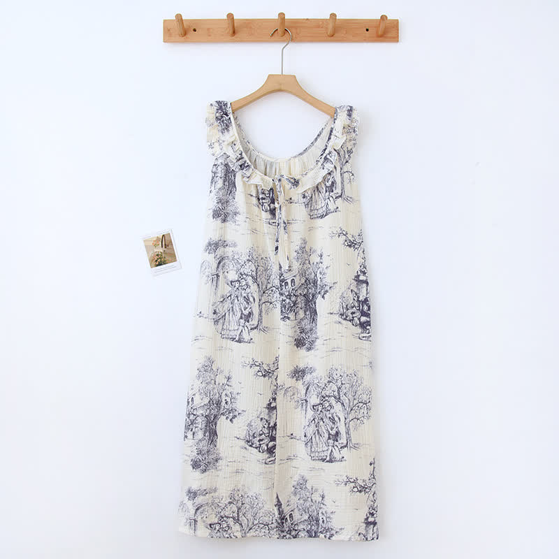 Ownkoti Vintage Landscape Print Cotton Gauze Ruffle Camisole Nightwear - Elegant & Comfortable Sleepwear