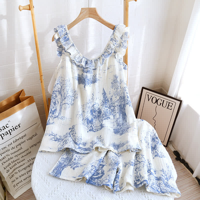 Ownkoti Vintage Landscape Print Cotton Gauze Ruffle Camisole Nightwear - Elegant & Comfortable Sleepwear