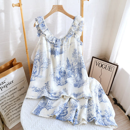 Ownkoti Vintage Landscape Print Cotton Gauze Ruffle Camisole Nightwear - Elegant & Comfortable Sleepwear