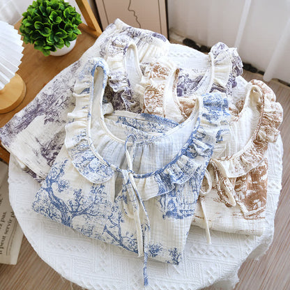 Ownkoti Vintage Landscape Print Cotton Gauze Ruffle Camisole Nightwear - Elegant & Comfortable Sleepwear