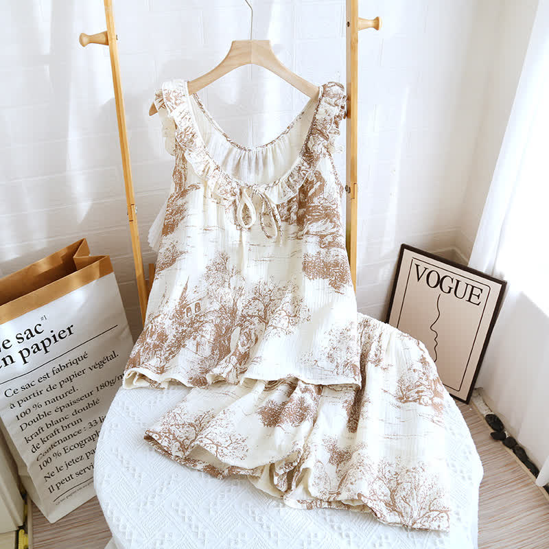 Ownkoti Vintage Landscape Print Cotton Gauze Ruffle Camisole Nightwear - Elegant & Comfortable Sleepwear