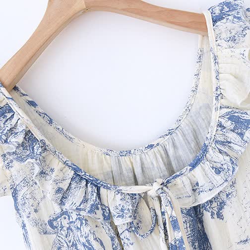 Ownkoti Vintage Landscape Print Cotton Gauze Ruffle Camisole Nightwear - Elegant & Comfortable Sleepwear