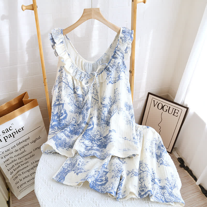 Ownkoti Vintage Landscape Print Cotton Gauze Ruffle Camisole Nightwear - Elegant & Comfortable Sleepwear