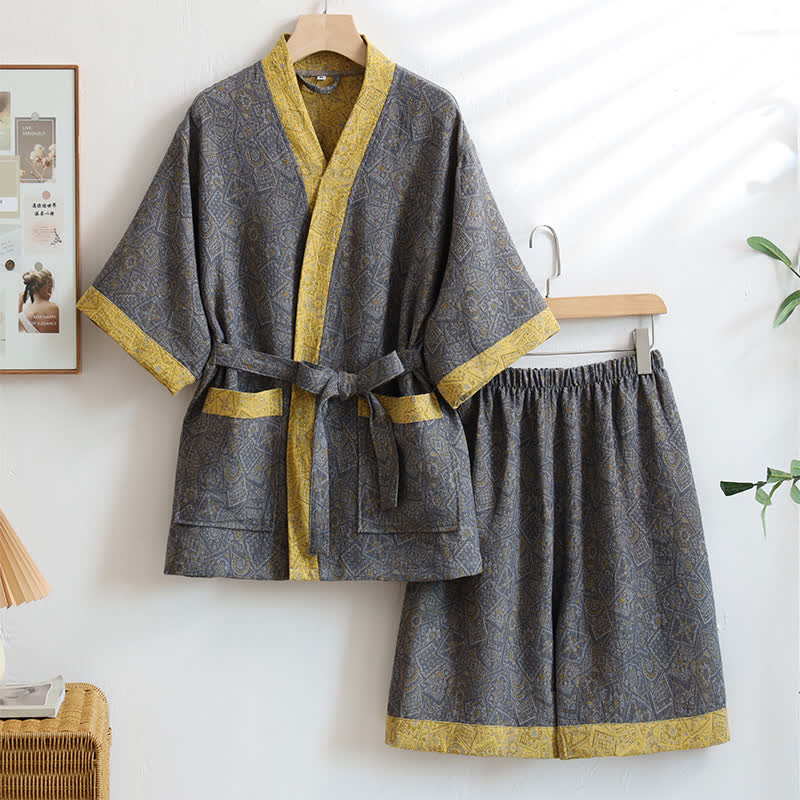 Ownkoti Unisex Grey Geometric Cotton Kimono Sleepwear for Stylish Comfort