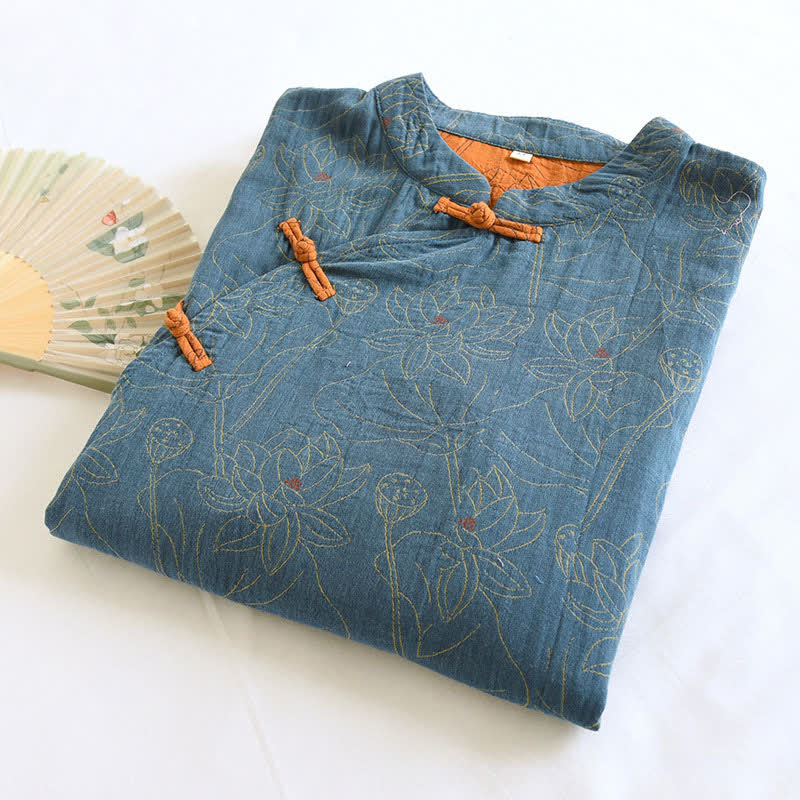 Ownkoti Vintage Lotus Cotton Nightgown made from Double Gauze for Comfortable Sleep