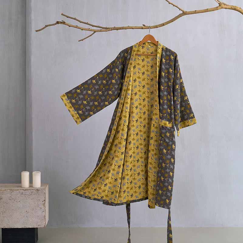Ownkoti Two-Tone Cotton Voile Kimono with Ginkgo for Elegant Style