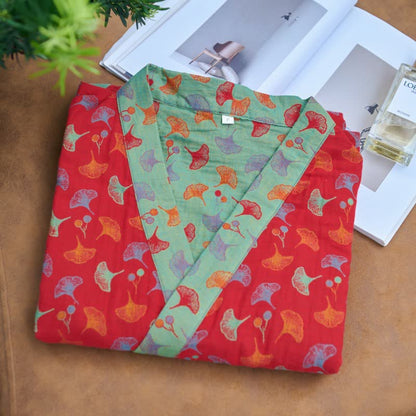Ownkoti Two-Tone Cotton Voile Kimono with Ginkgo for Elegant Style