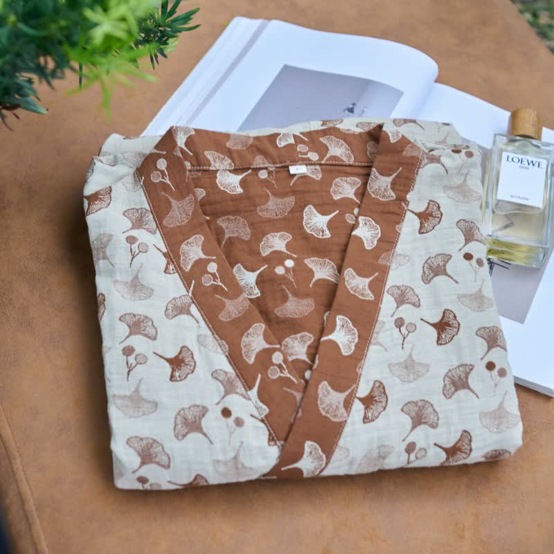 Ownkoti Two-Tone Cotton Voile Kimono with Ginkgo for Elegant Style