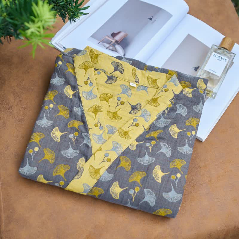 Ownkoti Two-Tone Cotton Voile Kimono with Ginkgo for Elegant Style