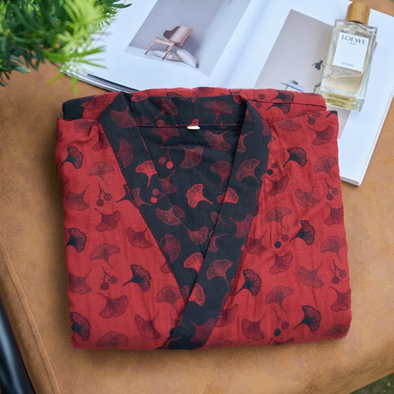 Ownkoti Two-Tone Cotton Voile Kimono with Ginkgo for Elegant Style