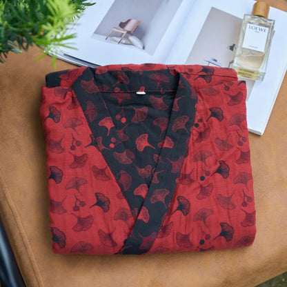 Ownkoti Two-Tone Cotton Voile Kimono with Ginkgo for Elegant Style