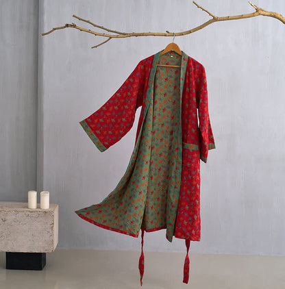 Ownkoti Two-Tone Cotton Voile Kimono with Ginkgo for Elegant Style