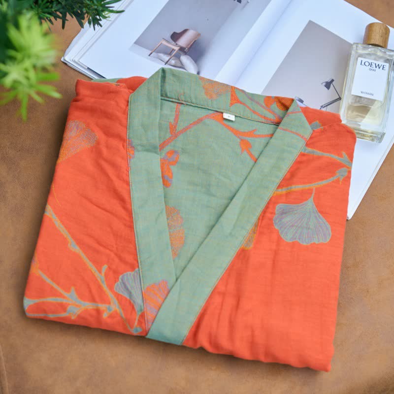 Ownkoti Luxurious Large Ginkgo Leaf Cotton Kimono Robe