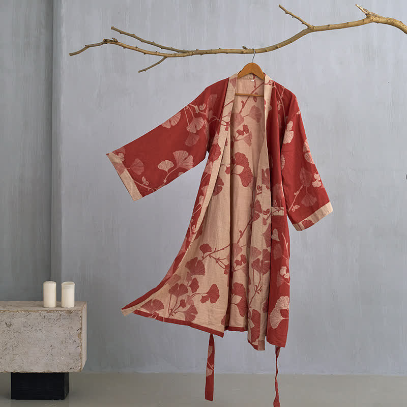 Ownkoti Luxurious Large Ginkgo Leaf Cotton Kimono Robe
