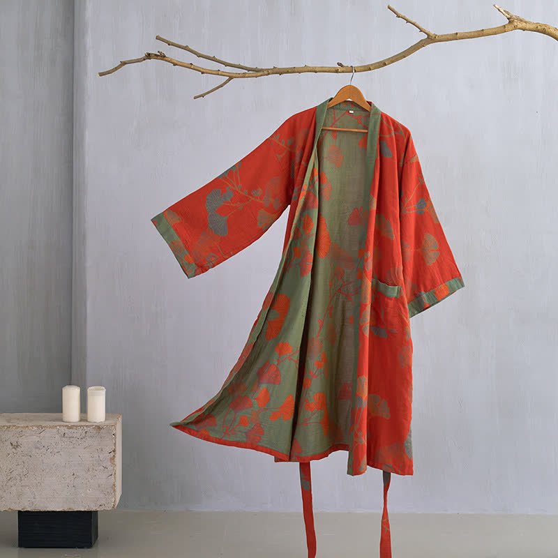 Ownkoti Luxurious Large Ginkgo Leaf Cotton Kimono Robe