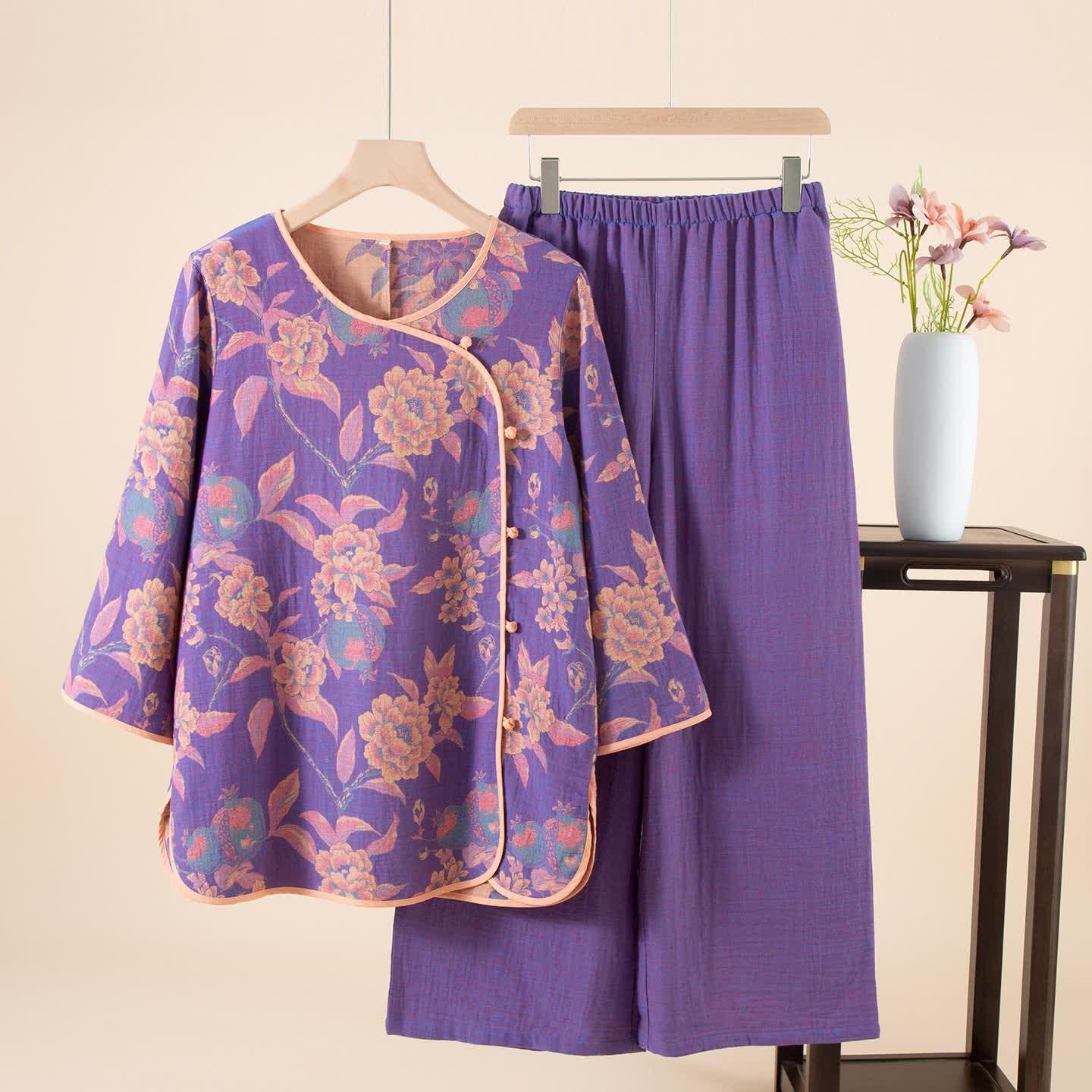 Ownkoti Oriental Style Peony & Pomegranate Cotton Sleepwear for Comfortable Night's Rest