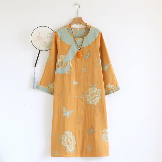 Ownkoti Elegant Yellow Peony Cotton Gauze Loose Nightdress for Cozy Comfort