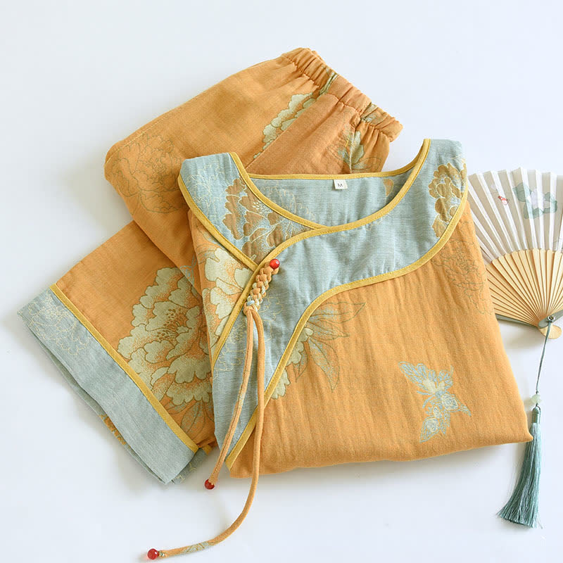 Ownkoti Peony Butterfly Elegant Jacquard Cotton Gauze Pajamas