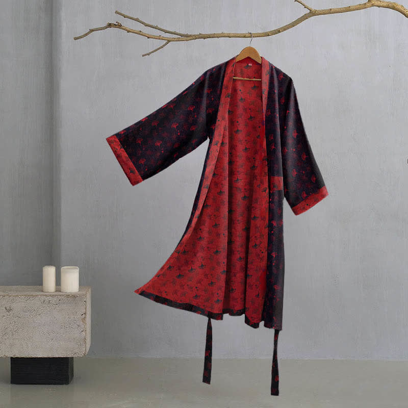 Ownkoti Two-Tone Cotton Voile Kimono with Ginkgo for Elegant Style
