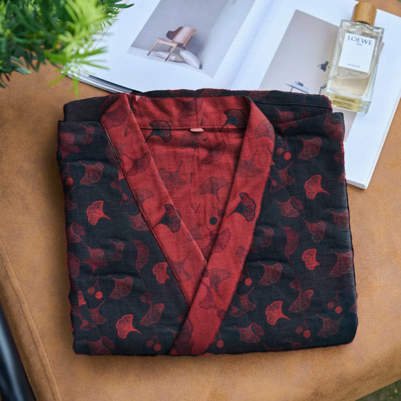 Ownkoti Two-Tone Cotton Voile Kimono with Ginkgo for Elegant Style