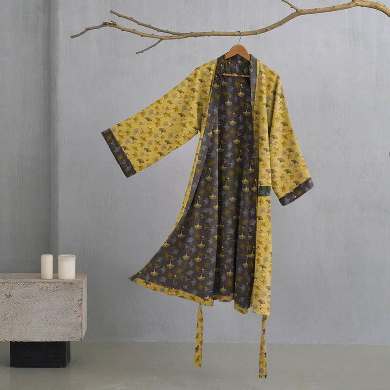 Ownkoti Two-Tone Cotton Voile Kimono with Ginkgo for Elegant Style