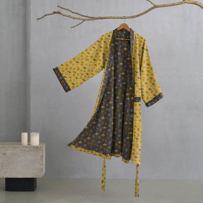 Ownkoti Two-Tone Cotton Voile Kimono with Ginkgo for Elegant Style
