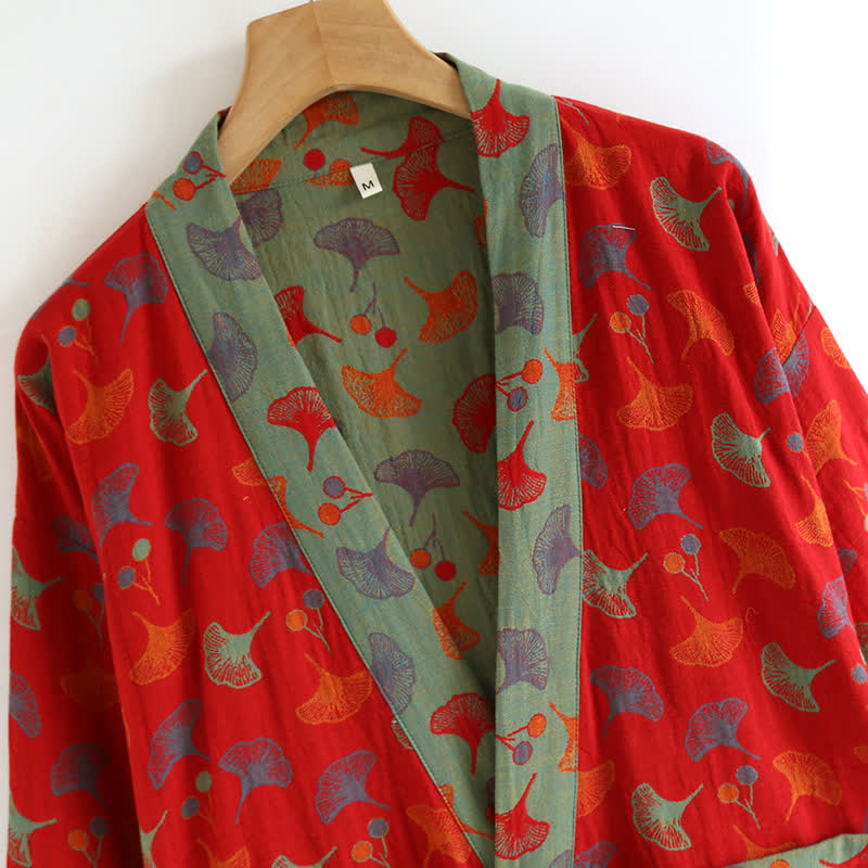 Ownkoti Two-Tone Cotton Voile Kimono with Ginkgo for Elegant Style