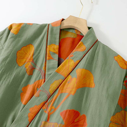 Ownkoti Ultra Comfort Ginkgo Leaf Cotton Kimono Pajamas for Relaxation
