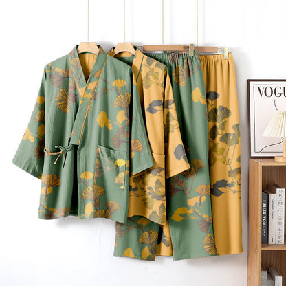 Ownkoti Ultra Comfort Ginkgo Leaf Cotton Kimono Pajamas for Relaxation