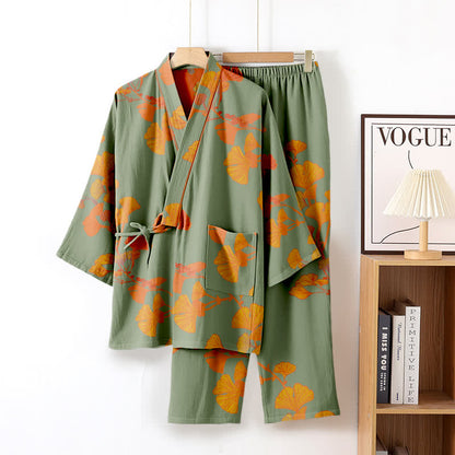 Ownkoti Ultra Comfort Ginkgo Leaf Cotton Kimono Pajamas for Relaxation