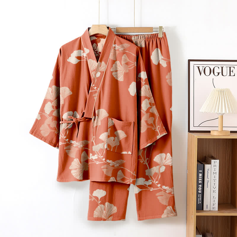 Ownkoti Ultra Comfort Ginkgo Leaf Cotton Kimono Pajamas for Relaxation