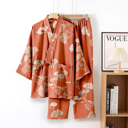 Ownkoti Ultra Comfort Ginkgo Leaf Cotton Kimono Pajamas for Relaxation