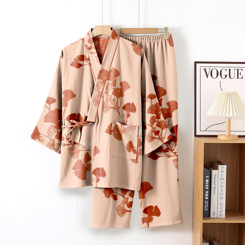 Ownkoti Ultra Comfort Ginkgo Leaf Cotton Kimono Pajamas for Relaxation