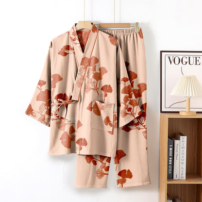 Ownkoti Ultra Comfort Ginkgo Leaf Cotton Kimono Pajamas for Relaxation