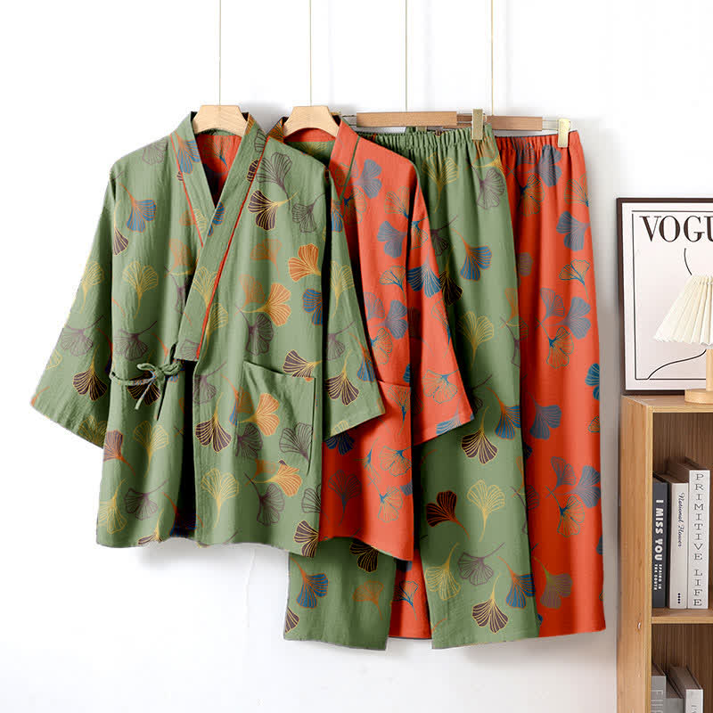 Ownkoti Ginkgo Cotton Gauze Kimono Loungewear Set - Comfort and Style in One