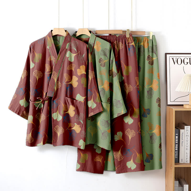 Ownkoti Ginkgo Cotton Gauze Kimono Loungewear Set - Comfort and Style in One