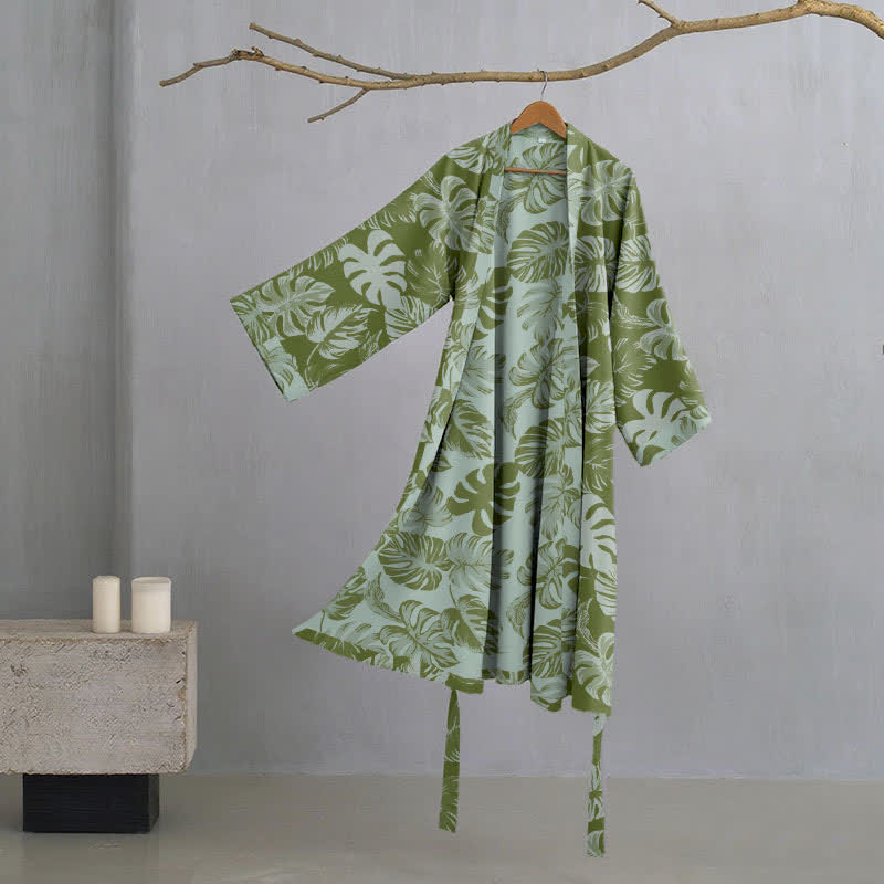 Ownkoti Monstera Print Cotton Gauze Kimono Robe for Stylish Comfort